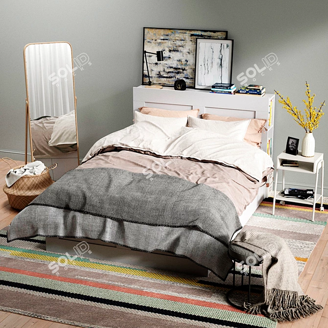 IKEA BRIMNES Bed Set: Mirror, Lamp, Nightstand, Basket & Rug 3D model image 1