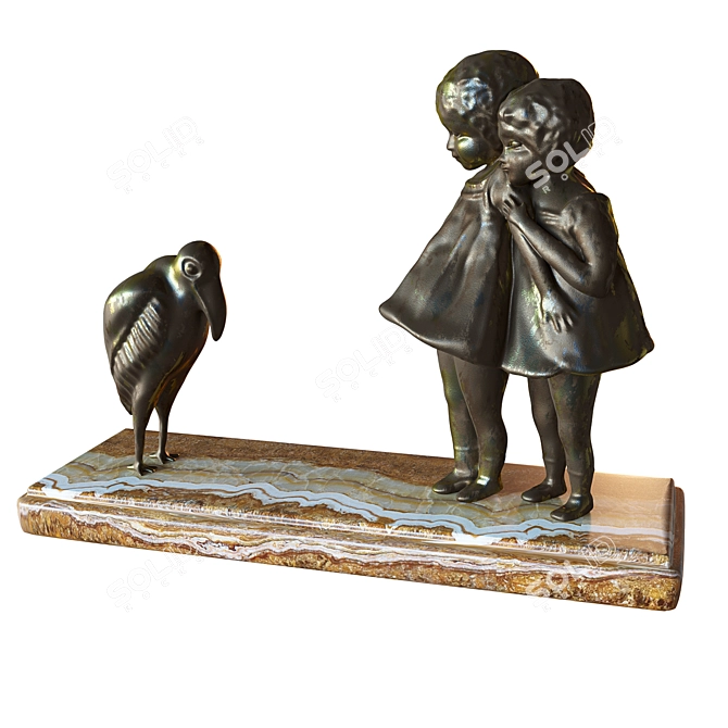 Ancient Sculpture: Children with Bird 3D model image 1