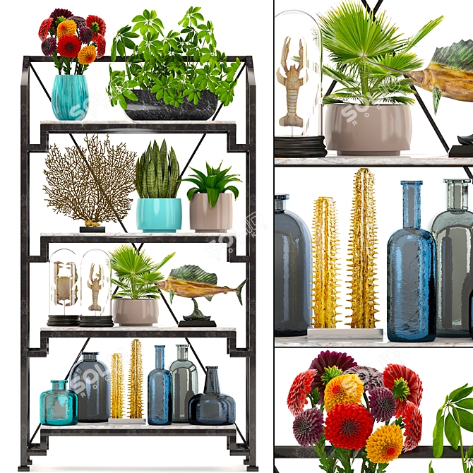 Tropical Decor Set: Shelf with Statuette, Plants, Flowers 3D model image 1