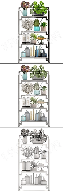 Tropical Decor Set: Shelf with Statuette, Plants, Flowers 3D model image 3