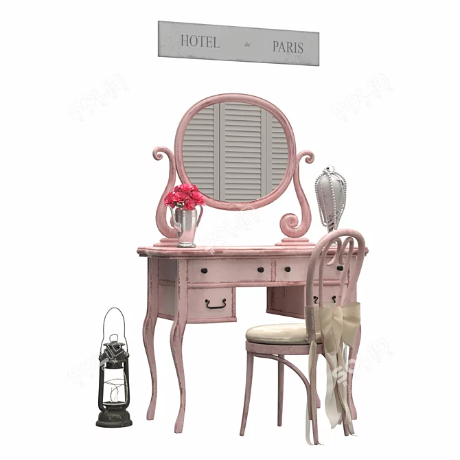 Classic Vanity Set with Mirror and Stool 3D model image 1