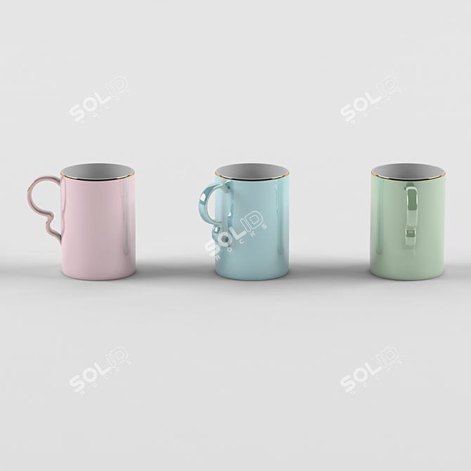 Elegant Porcelain Mugs with Gold Accent 3D model image 1