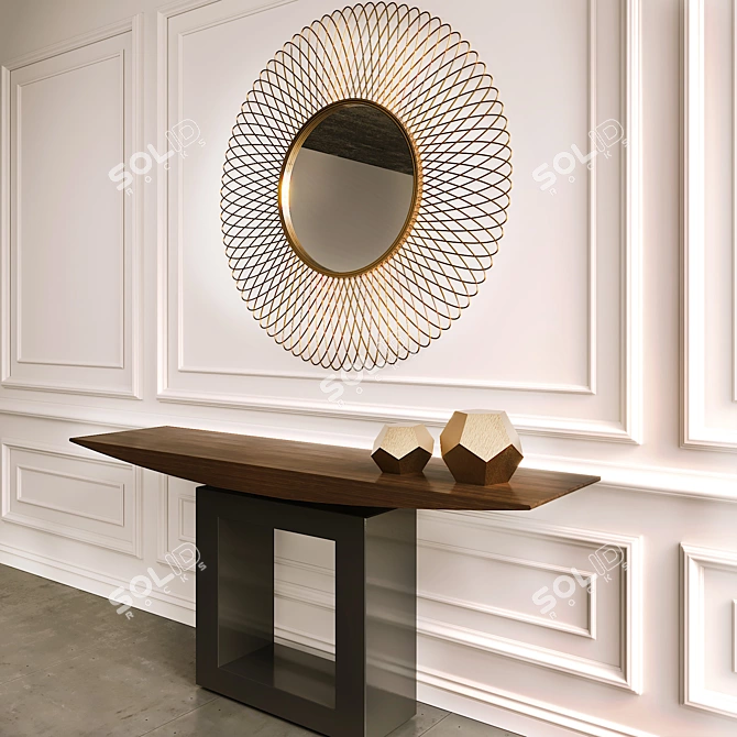 Sleek Walnut Console & Copper Mirror 3D model image 2