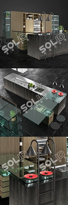 Sleek Glass and Metal Kitchen 3D model image 2