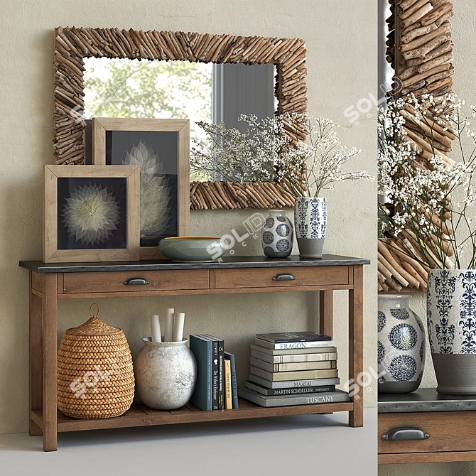 Elegant Pottery Barn Set: Channing Console Table, Driftwood Mirror & Lilian Vases 3D model image 1
