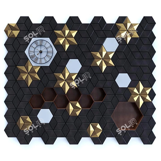 Geometric 3D Panel with Shelves - Wood & Copper 3D model image 1