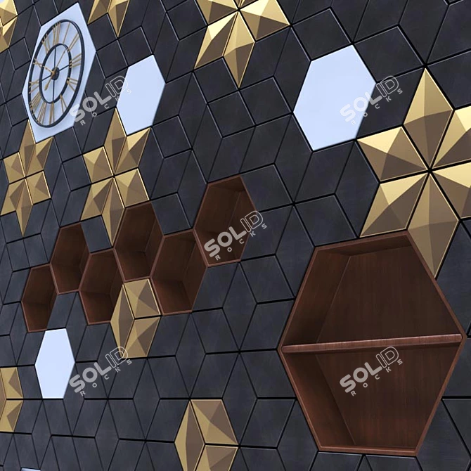 Geometric 3D Panel with Shelves - Wood & Copper 3D model image 2