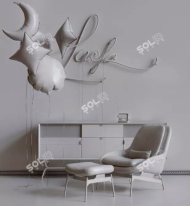 Fortune Collection: Lounge Chair, Credenza, Clock Radio, Art Neon & Balloons 3D model image 3