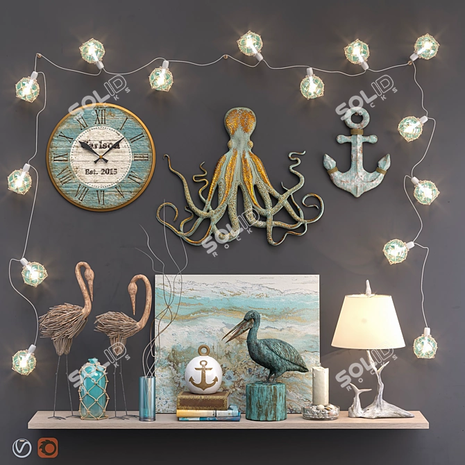 Coastal Decor Set: Shelves, Statuettes, Clock, Lantern & More 3D model image 1