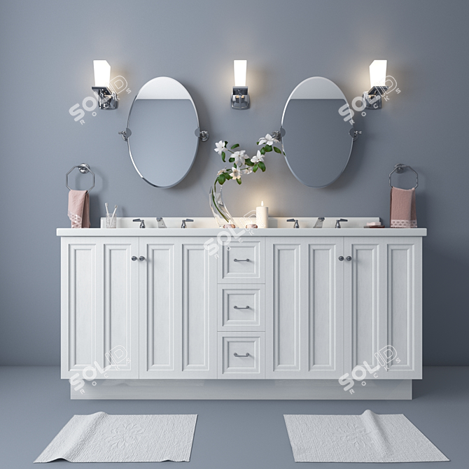 Kohler Bathroom Set: Damask Vanity, Revival Mirror, Margaux Sconce, Triton Faucet, Pinstripe Tow 3D model image 1