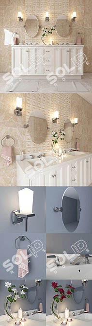 Kohler Bathroom Set: Damask Vanity, Revival Mirror, Margaux Sconce, Triton Faucet, Pinstripe Tow 3D model image 2