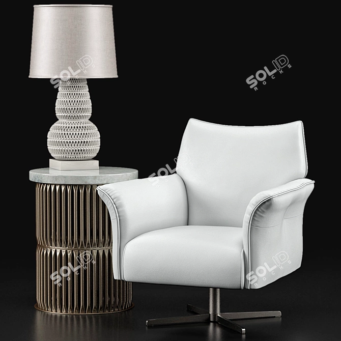 Modern White Lounge Chair & Antique Silver Side Table Set 3D model image 1