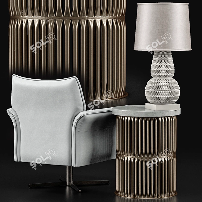 Modern White Lounge Chair & Antique Silver Side Table Set 3D model image 2