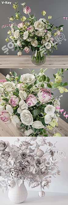 Elegant White Rose Bouquet 3D model image 3