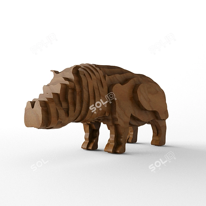 Handcrafted Wooden Hippo Sculpture 3D model image 1