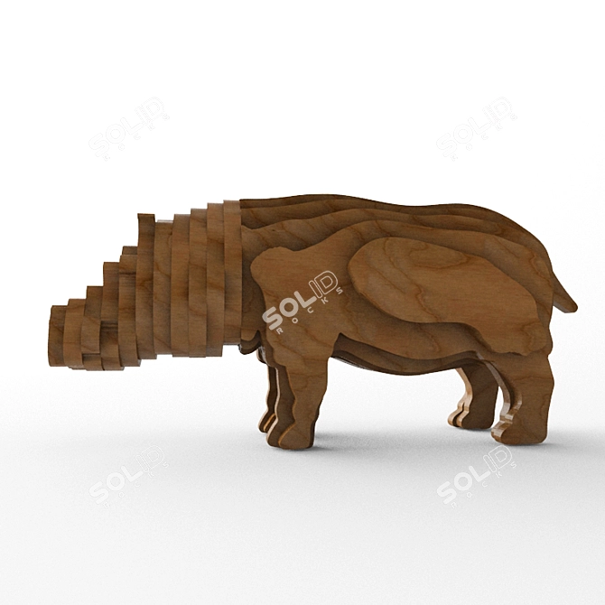 Handcrafted Wooden Hippo Sculpture 3D model image 2