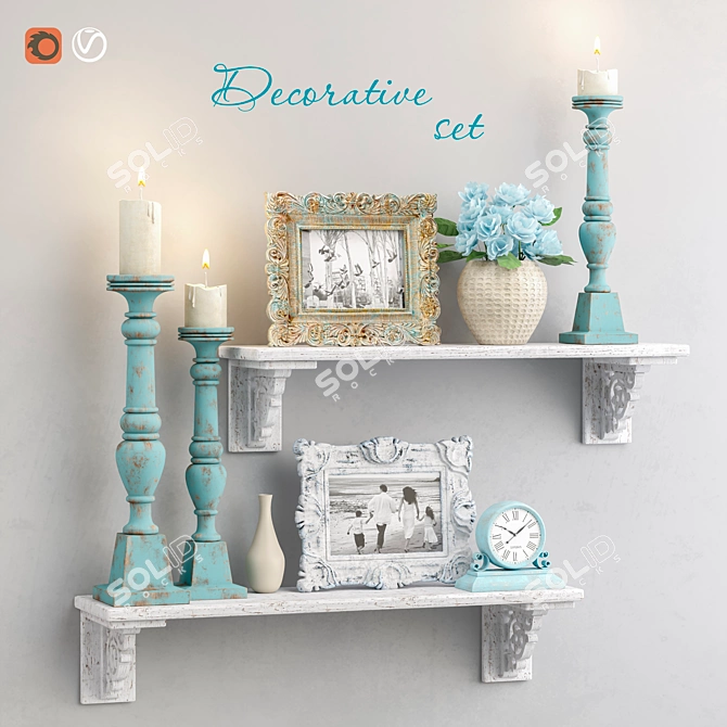 Turquoise Decorative Set: Shelves, Art, Candle Holders & More 3D model image 1