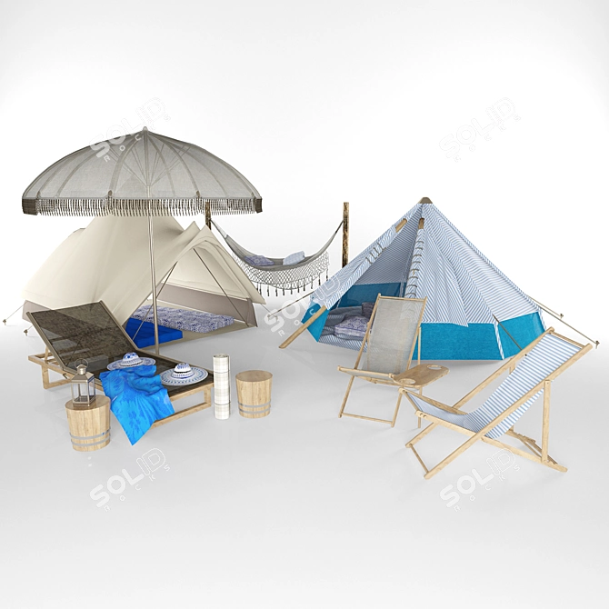 Beach Camping Essentials: Tepee Tent, Umbrella, Hammock, Sunbed & More! 3D model image 1