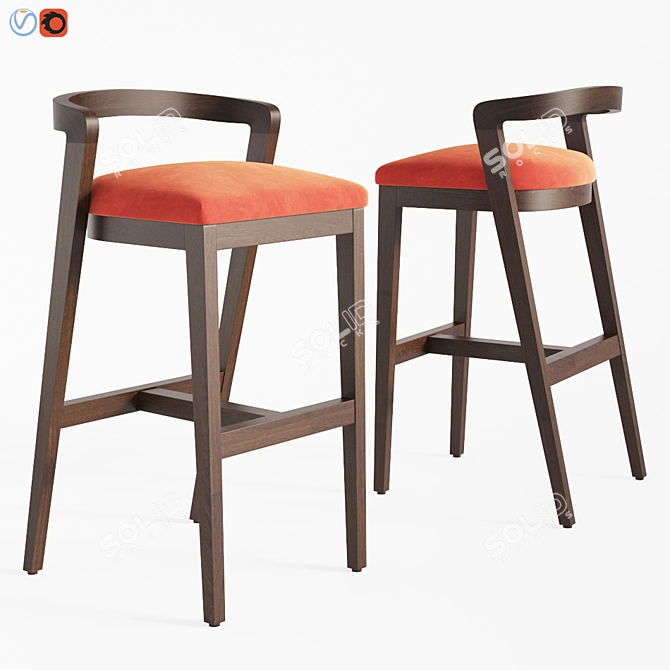 Curved Oak Bar Stool with Velvet Upholstery 3D model image 1