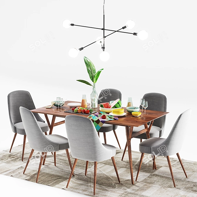 Title: Mid-Century Dining Set with Expandable Table 3D model image 1