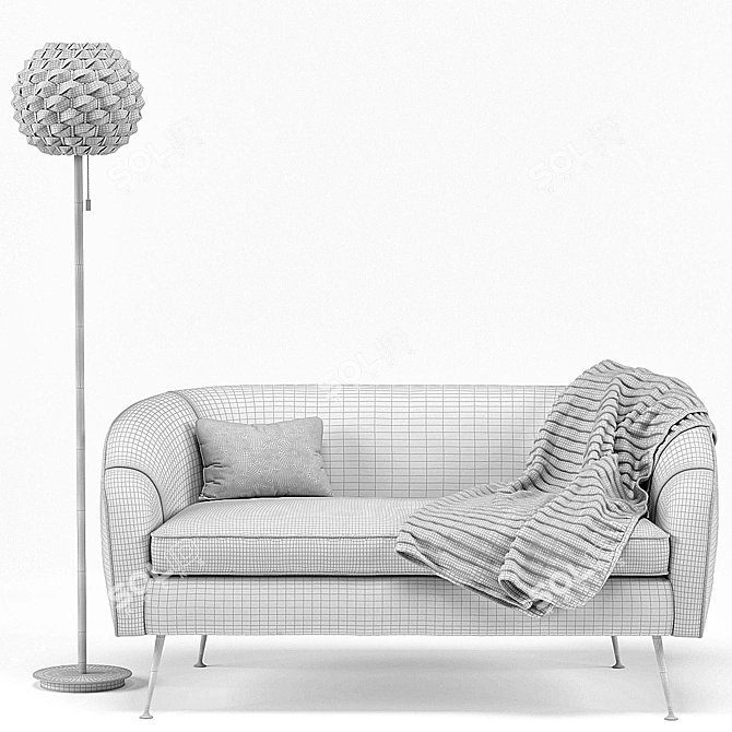 Stella Mid-Century Loveseat & Urchin Rattan Floor Lamp 3D model image 3