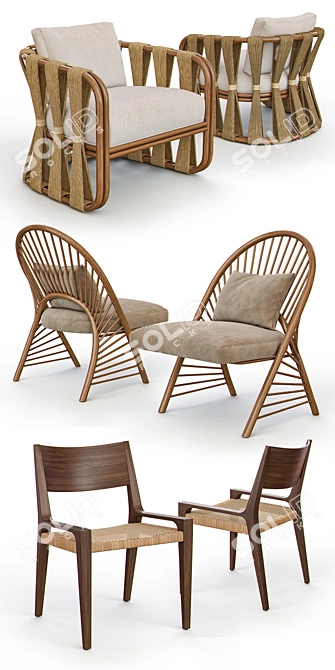Rustic Rattan & Wicker Chairs 3D model image 2