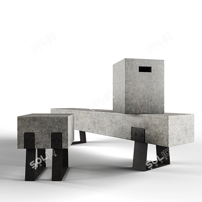 Modern Concrete Bench and Stools Set 3D model image 1