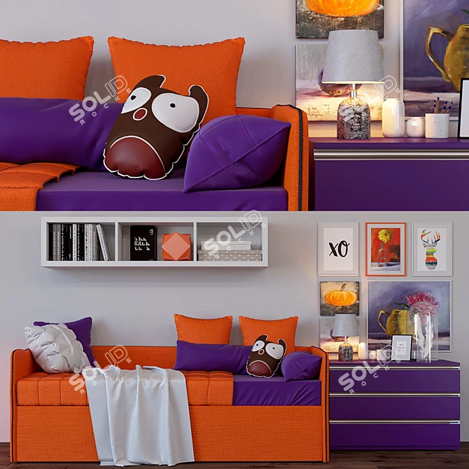 Title: Clever Hinge Bed, Ghost Chest, EGLO Lamp & Décor 3D model image 1