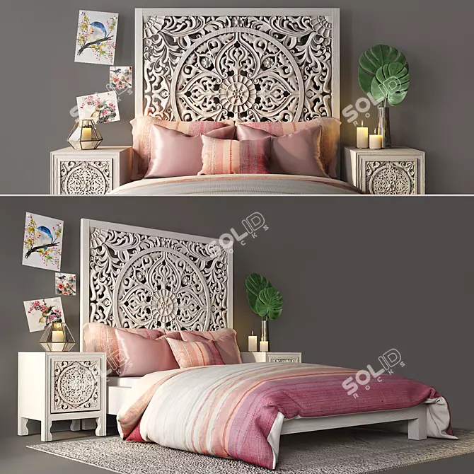 Lombok Queen Bed Set: Handcrafted Mango Wood & Nightstand by Anthropologie 3D model image 1