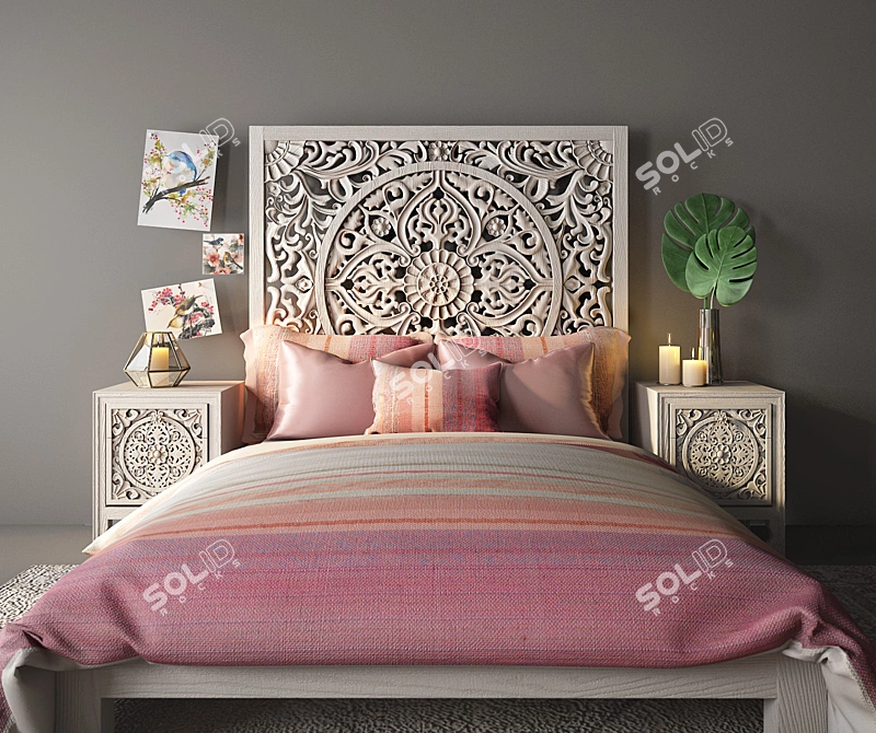 Lombok Queen Bed Set: Handcrafted Mango Wood & Nightstand by Anthropologie 3D model image 2