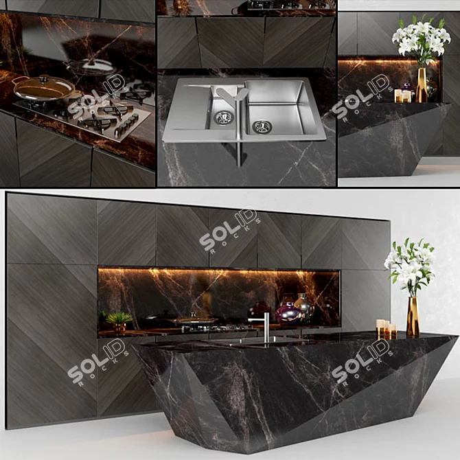 Sleek Stainless Steel Kitchen 3D model image 1