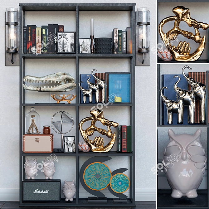 Golden Sculpture Decor Set: Rack, Figurine, Books, Candle, Sconce 3D model image 1