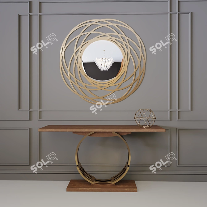 Elegant Walnut Console & Copper Mirror 3D model image 2