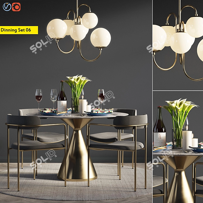 Modern Brass and Wood Dining Set 3D model image 1