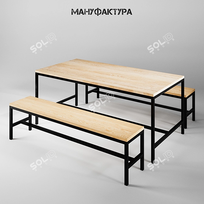 Industrial Loft Style Restaurant Table and Benches 3D model image 1