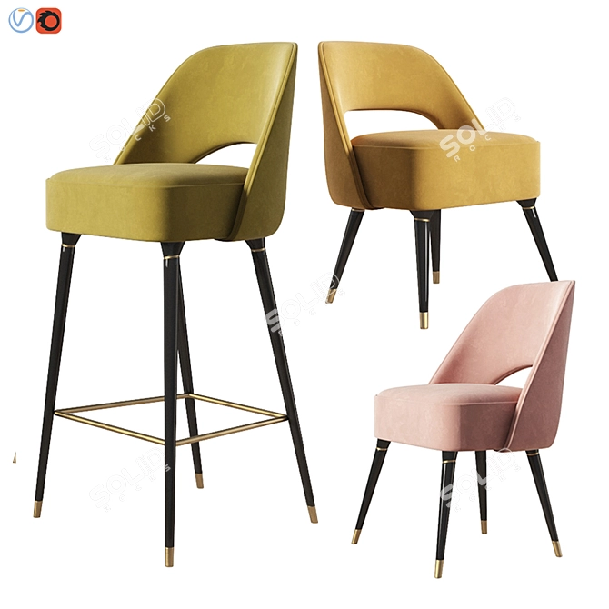 Elegant Collins Chair Set: Velvet, Wood 3D model image 1