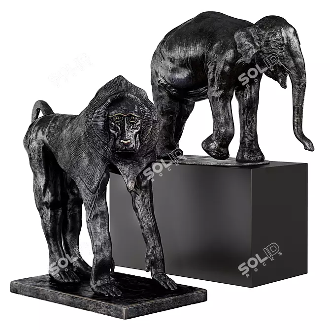 Bronze Patina Elephant and Baboon Sculptures 3D model image 1