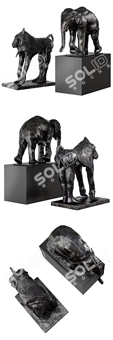 Bronze Patina Elephant and Baboon Sculptures 3D model image 2