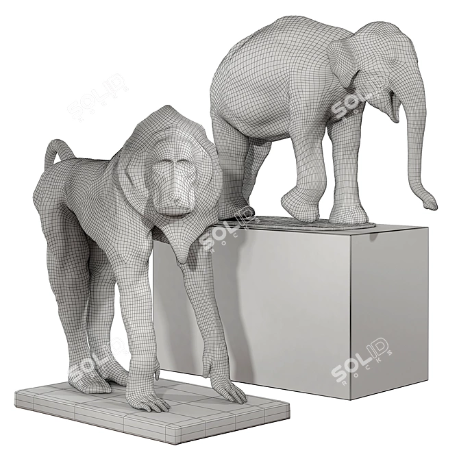 Bronze Patina Elephant and Baboon Sculptures 3D model image 3