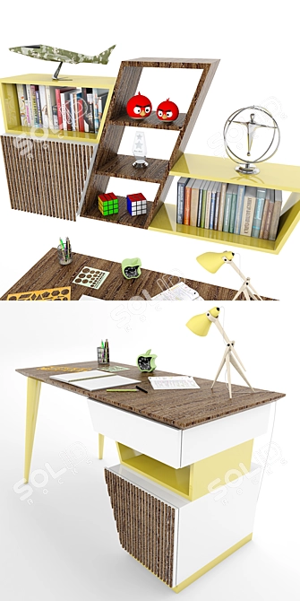  Tarz Study Desk and Bookshelf Set 3D model image 2