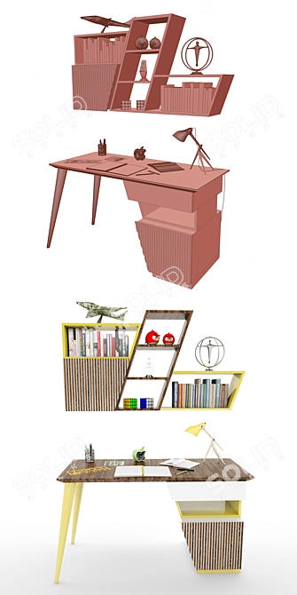  Tarz Study Desk and Bookshelf Set 3D model image 3