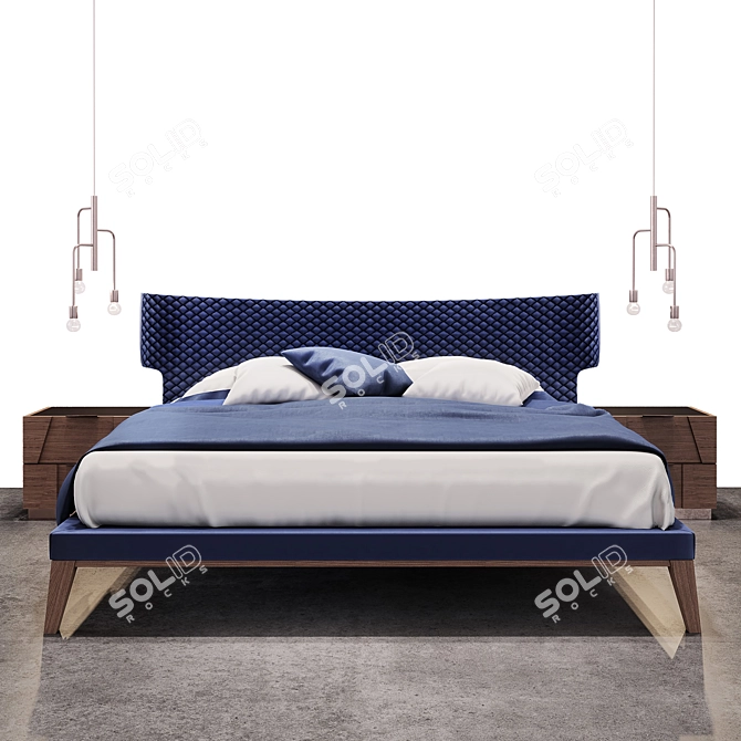 Velvet Slash Bed & Nightstands with Aged Brass Accents 3D model image 1