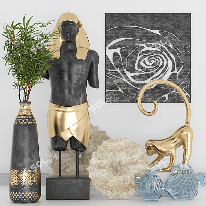 Egyptian Inspired Decor Set: Stone Statues, Gold Vase, Figurines & Panels 3D model image 1