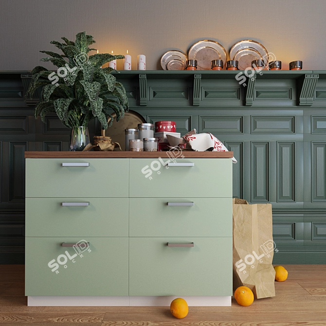 Ikea Metod Kitchen Set - Green Cabinet, Wood Worktop, Decoratives 3D model image 1