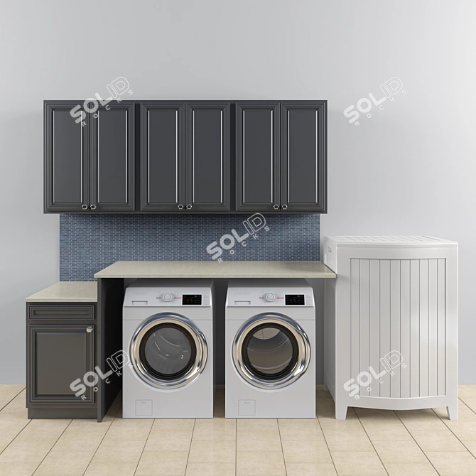 Sleek Laundry Set: Washer, Dryer & Cabinets 3D model image 1