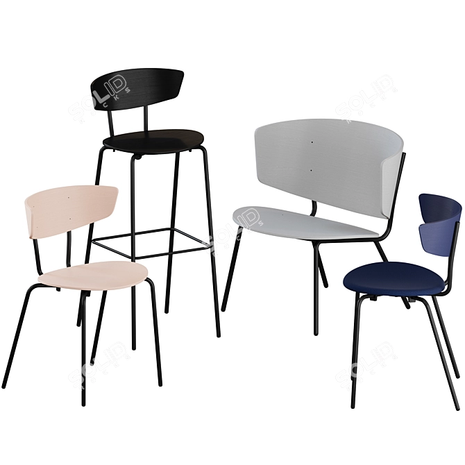 Modern Scandinavian Chairs & Stool Set 3D model image 1