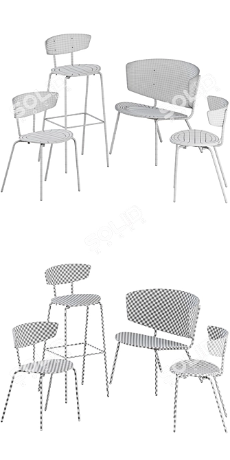 Modern Scandinavian Chairs & Stool Set 3D model image 3