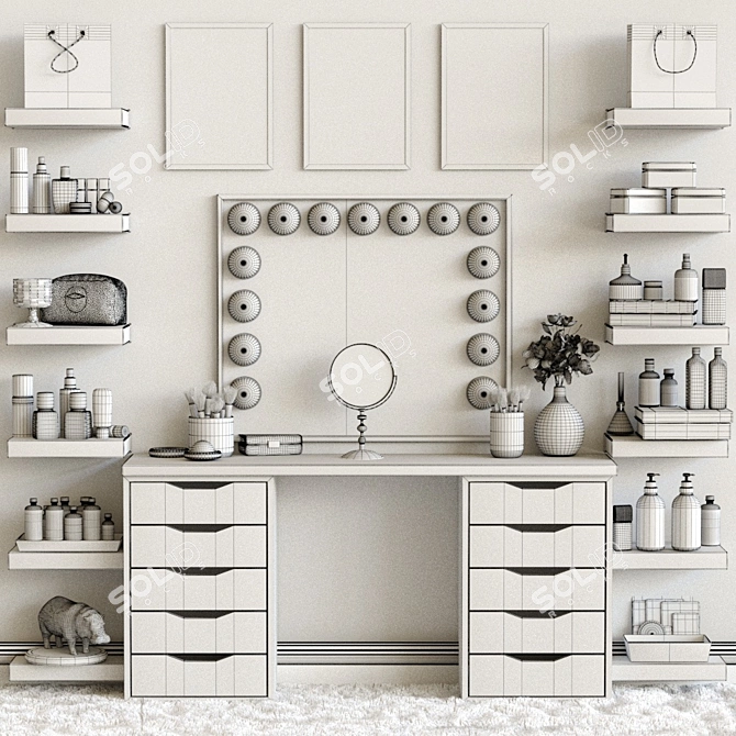 3-in-1 Dressing Table: Makeup Mirror, Shelves, and Luxury Design 3D model image 2