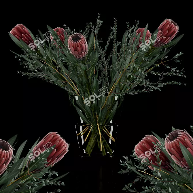 Realistic Proteas & Eucalyptus Parvifolia - Glass Vase 3D model image 1