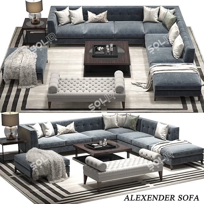 Stylish Living: Alexander Sofa, Roman Table, Milton Stool & Concave Brass Lighting 3D model image 1